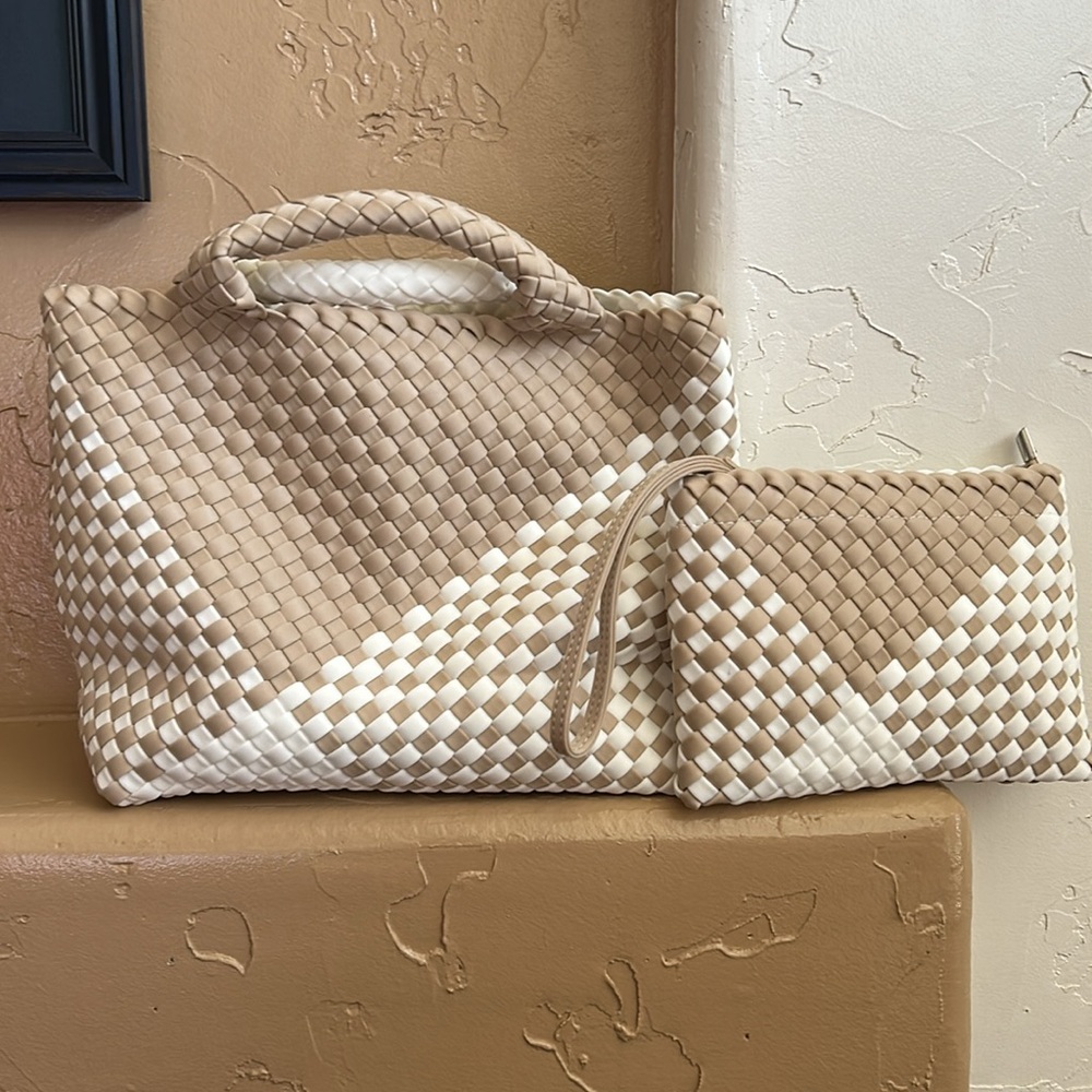 Neoprene Tan and White Woven Tote Bag